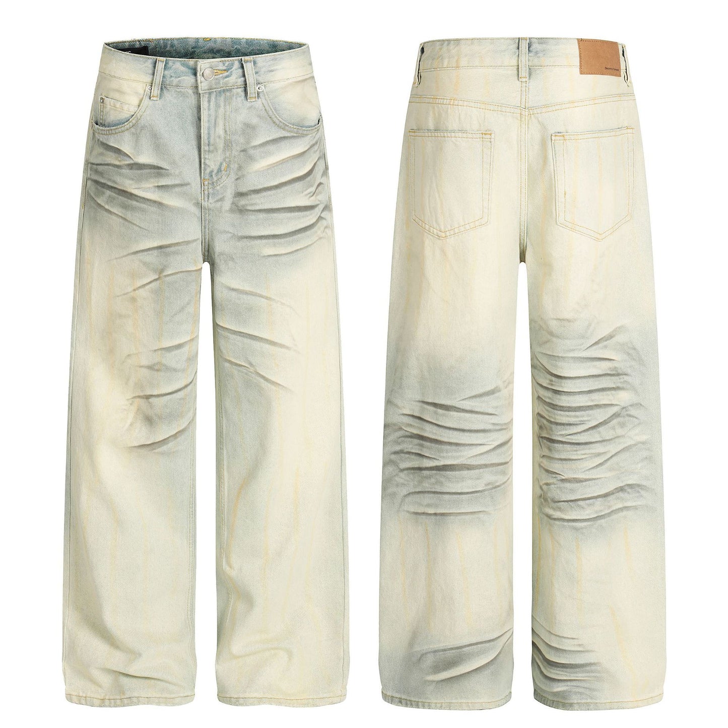 Street Style Washed Distressed Vintage Blue Cat-Scratch Pattern Loose Fit Unisex Denim Pants