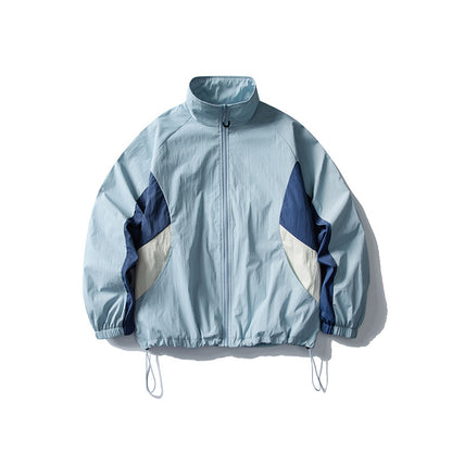 Loose Color-Blocking Spliced Design Stand Collar Jacket