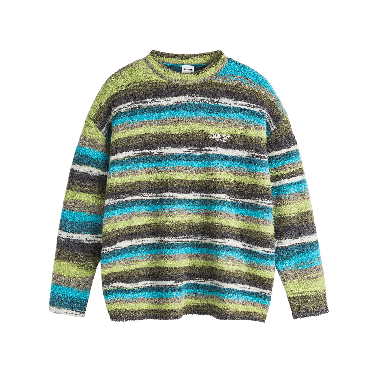 Retro National Trend Oil Painting Contrast Stripe Long Sleeve Crew Neck Knit Sweater