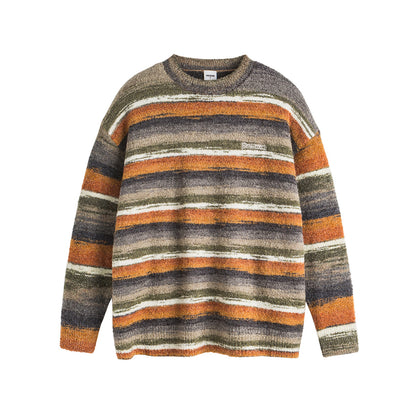 Retro National Trend Oil Painting Contrast Stripe Long Sleeve Crew Neck Knit Sweater
