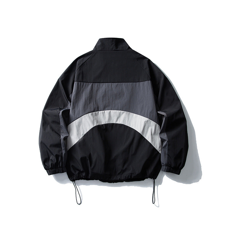 Loose Color-Blocking Spliced Design Stand Collar Jacket