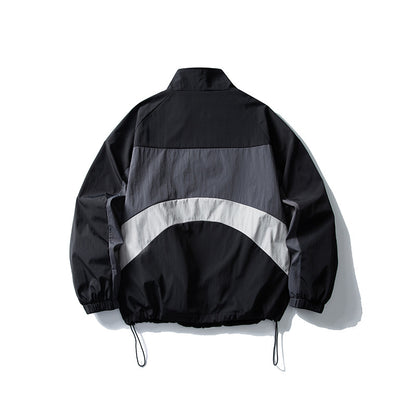 Loose Color-Blocking Spliced Design Stand Collar Jacket