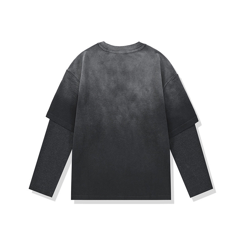 Washed Gradient Letter Print Fake Two-Piece Loose Long Sleeve T-Shirt