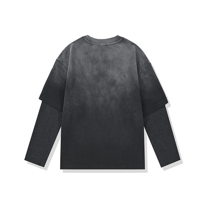 Washed Gradient Letter Print Fake Two-Piece Loose Long Sleeve T-Shirt