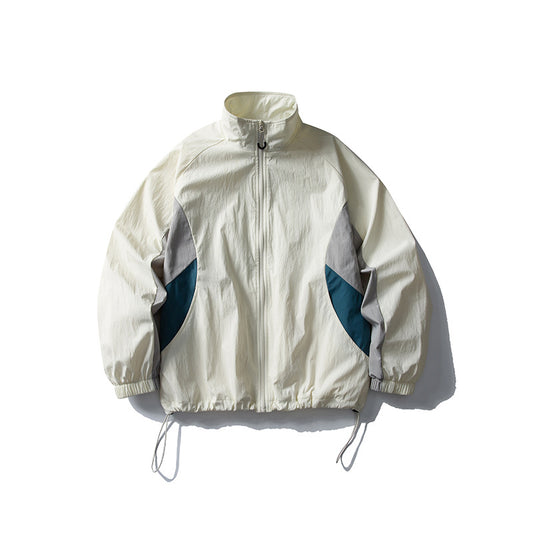 Loose Color-Blocking Spliced Design Stand Collar Jacket