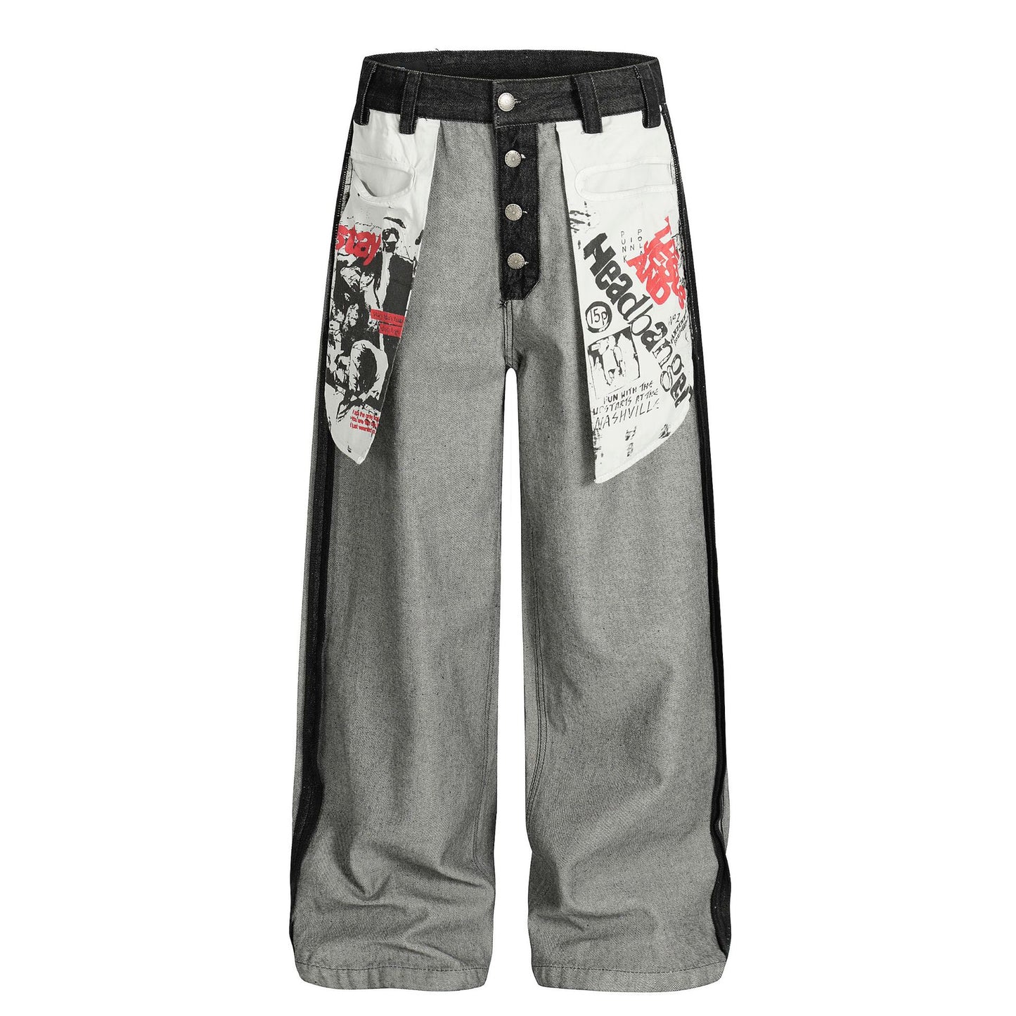 Street Style Printed Deconstructed Asymmetrical Design Loose Fit Unisex Jeans