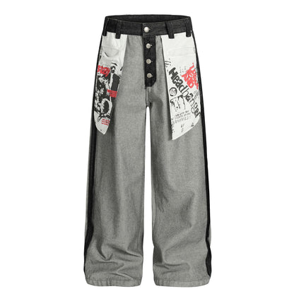 Street Style Printed Deconstructed Asymmetrical Design Loose Fit Unisex Jeans