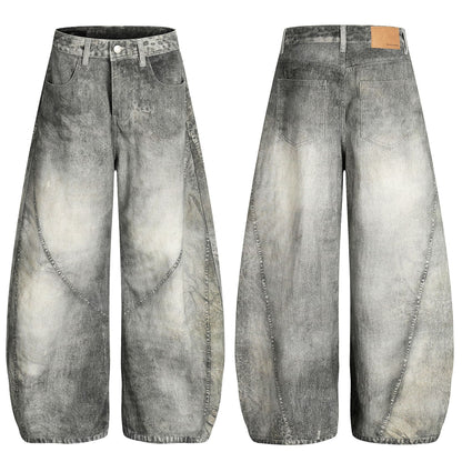 Washed Blue Vintage Distressed High-End Design Men's Loose Knife-Shape Jeans