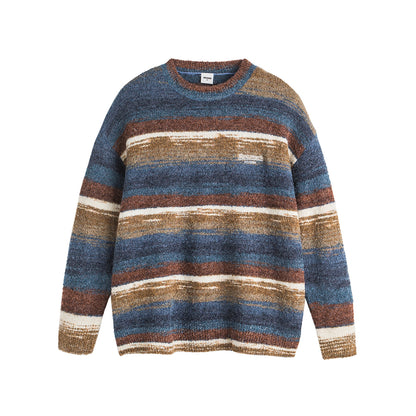 Retro National Trend Oil Painting Contrast Stripe Long Sleeve Crew Neck Knit Sweater
