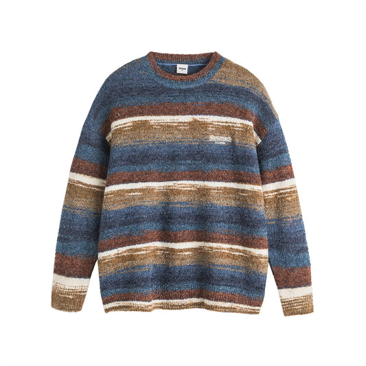 Retro National Trend Oil Painting Contrast Stripe Long Sleeve Crew Neck Knit Sweater