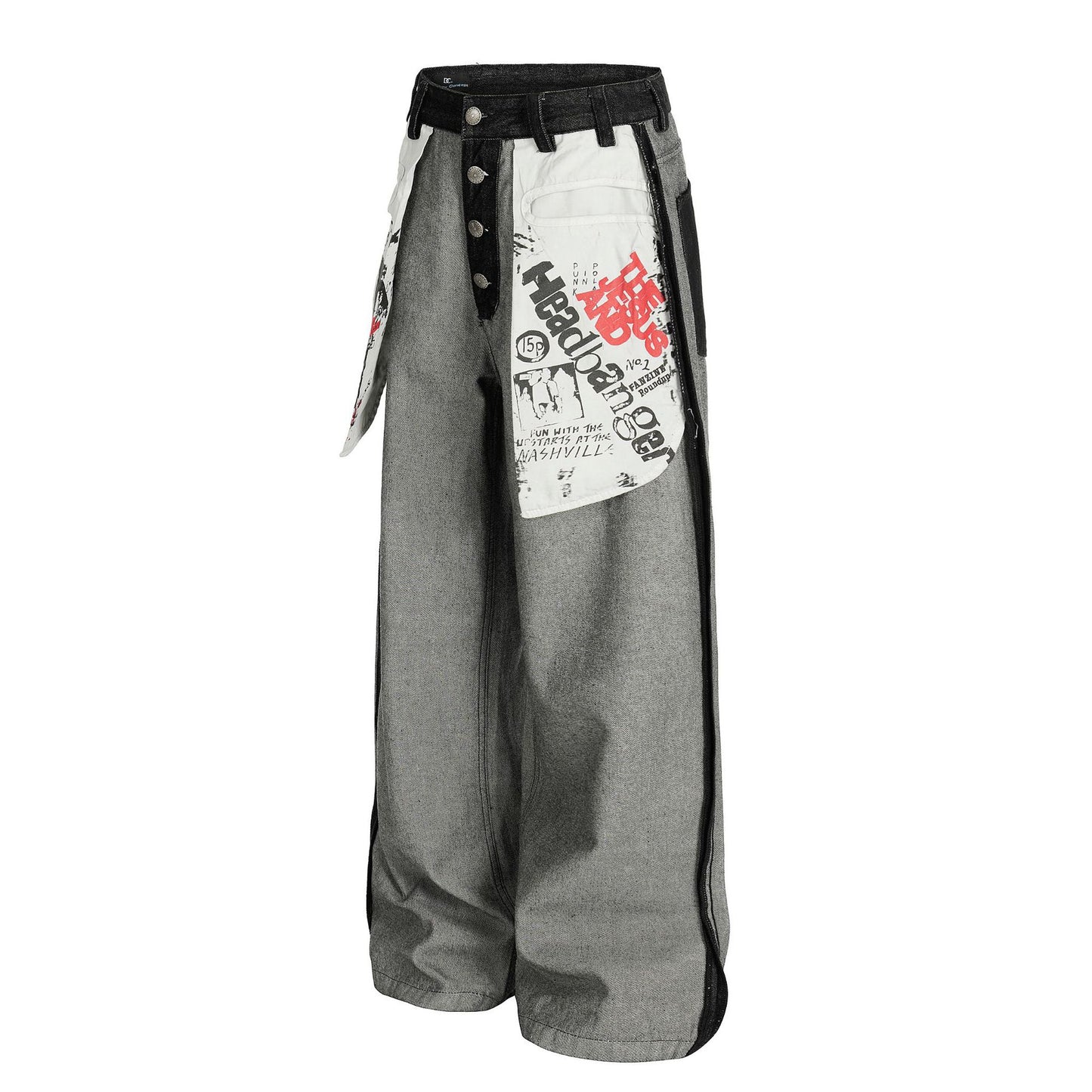 Street Style Printed Deconstructed Asymmetrical Design Loose Fit Unisex Jeans