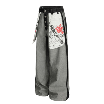 Street Style Printed Deconstructed Asymmetrical Design Loose Fit Unisex Jeans