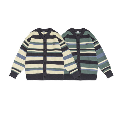 Unisex Color-block Striped Loose Casual Cardigan Sweater Coat
