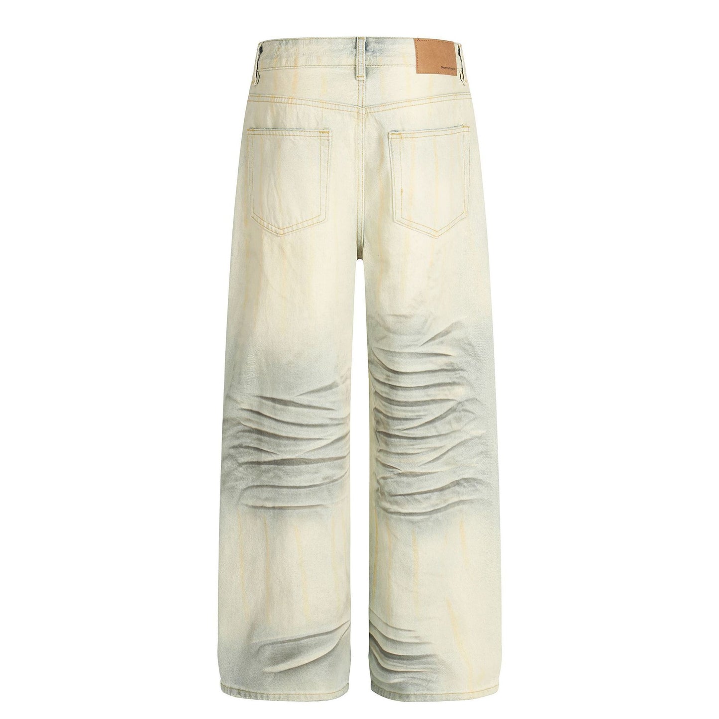 Street Style Washed Distressed Vintage Blue Cat-Scratch Pattern Loose Fit Unisex Denim Pants