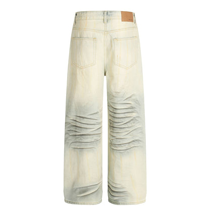 Street Style Washed Distressed Vintage Blue Cat-Scratch Pattern Loose Fit Unisex Denim Pants