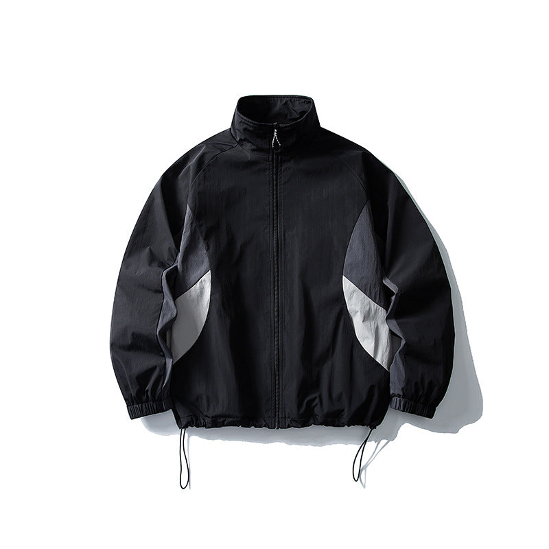Loose Color-Blocking Spliced Design Stand Collar Jacket