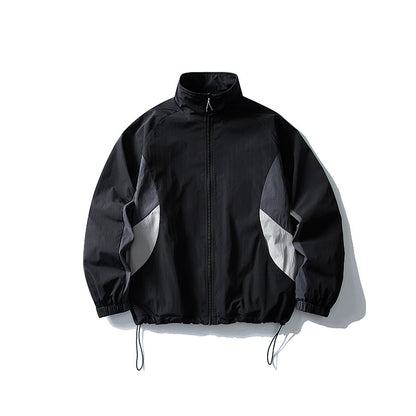 Loose Color-Blocking Spliced Design Stand Collar Jacket