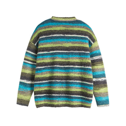 Retro National Trend Oil Painting Contrast Stripe Long Sleeve Crew Neck Knit Sweater