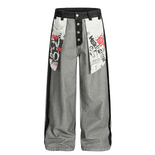Street Style Printed Deconstructed Asymmetrical Design Loose Fit Unisex Jeans