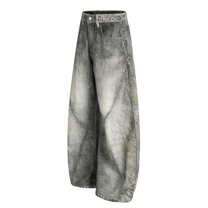 Washed Blue Vintage Distressed High-End Design Men's Loose Knife-Shape Jeans