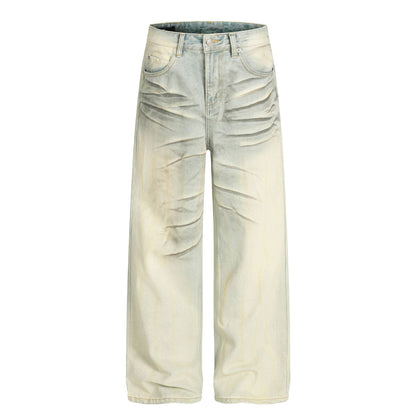 Street Style Washed Distressed Vintage Blue Cat-Scratch Pattern Loose Fit Unisex Denim Pants