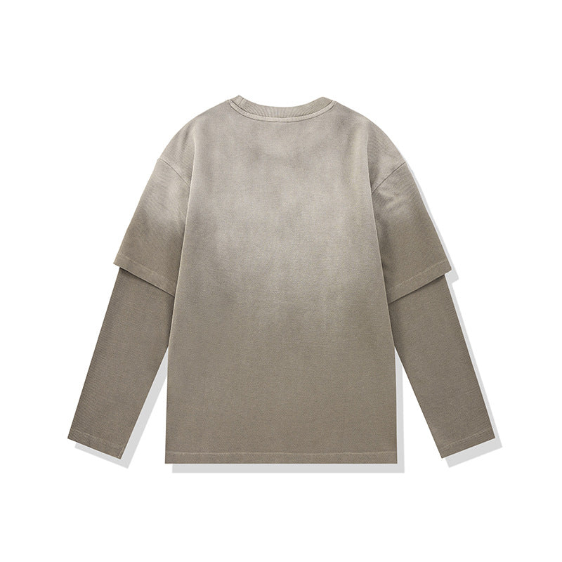 Washed Gradient Letter Print Fake Two-Piece Loose Long Sleeve T-Shirt
