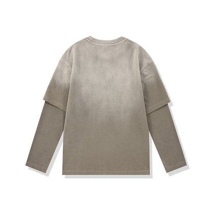 Washed Gradient Letter Print Fake Two-Piece Loose Long Sleeve T-Shirt