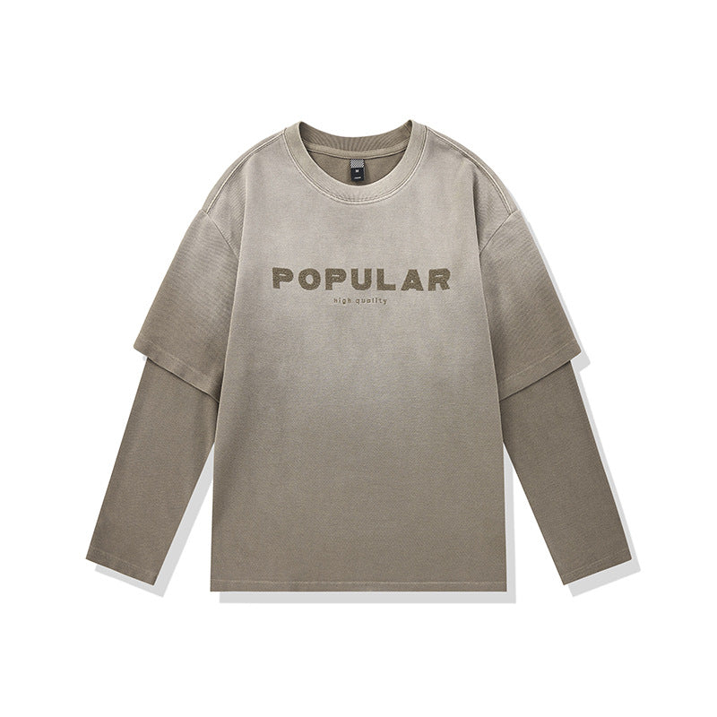 Washed Gradient Letter Print Fake Two-Piece Loose Long Sleeve T-Shirt