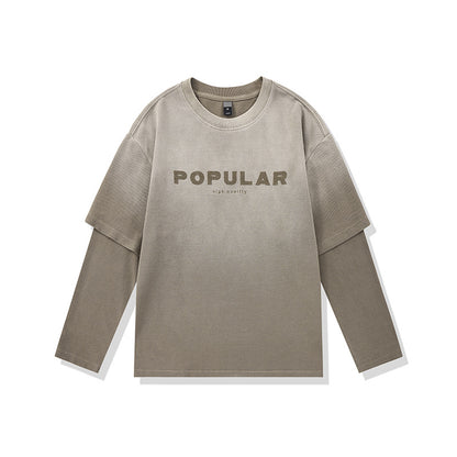 Washed Gradient Letter Print Fake Two-Piece Loose Long Sleeve T-Shirt