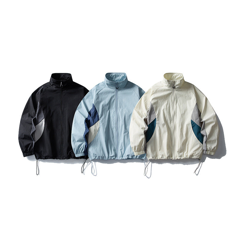 Loose Color-Blocking Spliced Design Stand Collar Jacket