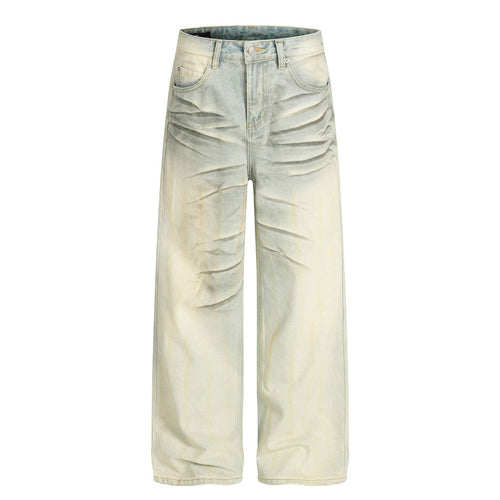 Street Style Washed Distressed Vintage Blue Cat-Scratch Pattern Loose Fit Unisex Denim Pants