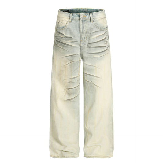 Street Style Washed Distressed Vintage Blue Cat-Scratch Pattern Loose Fit Unisex Denim Pants